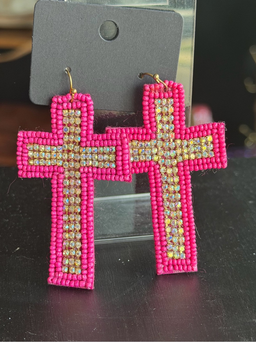 Pink Beaded Cross Earrings with Rhinestone Accent
